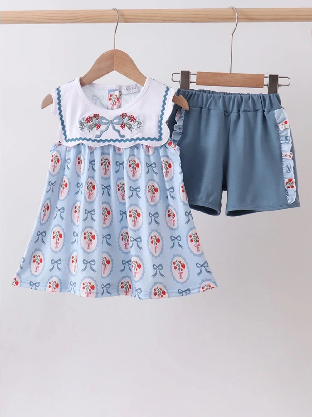 NWT Blue Floral Strawberry Bow-Accent Kids Set with Coordinating Shorts